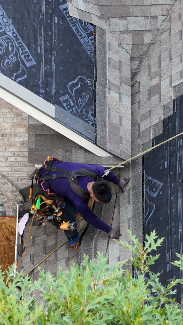 Drone view of a roof deck mid-installation.